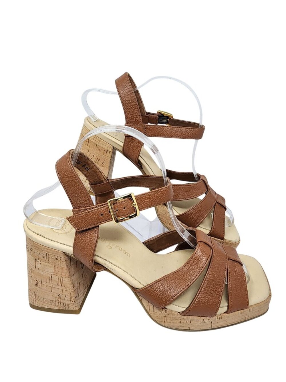Paul Green Womens Brown Leather Cork Heel Sandals Size US 9
